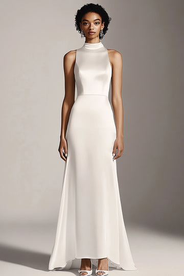 Satin Mermaid High Neck Long Ivory Engagement Dress